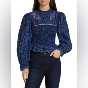 Farm Rio Leopard Pop Blue Green Smocked Lace Peplum Blouse XL